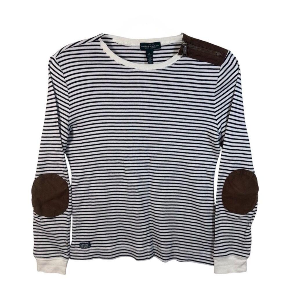 Lauren Jeans Co Ralph Lauren Stripe Elbow Patch Shoulder Zip Top Womens M AS-IS